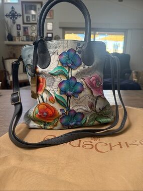 Anuschka Painted Floral Leather Shoulder Bag - Gray with Multicolor Blooms